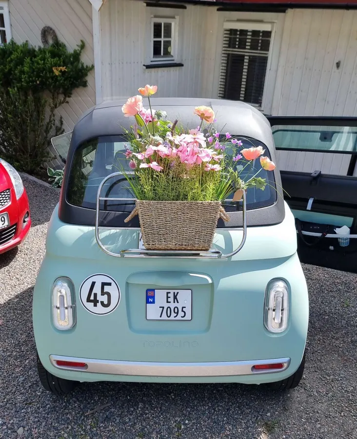 Baksiden av en lyseblå Fiat Topolino med en flettet kurv full av blomster