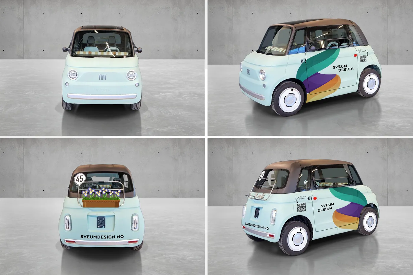 Designutkast av Fiat Topolino, udekorert til venstre og ferdig foliert med Sveum Design-profil til høyre