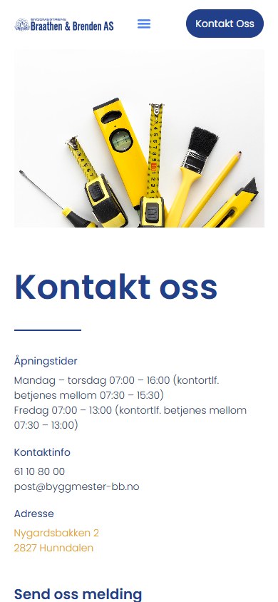 Kontaktsiden til Byggmestrene Braathen & Brenden i mobilformat