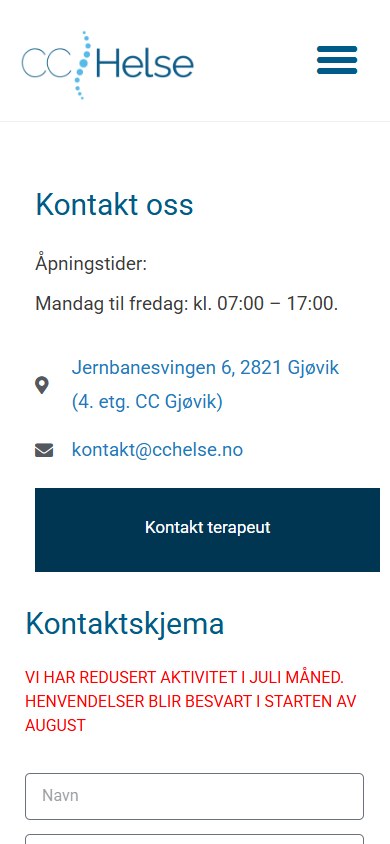 Kontaktsiden til CC Helse i mobilformat