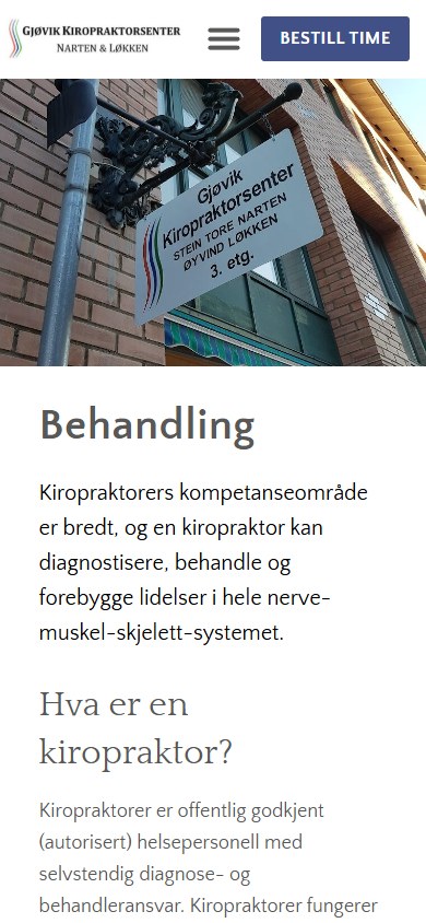 Behandlingssiden til Gjøvik Kiropraktorsenter i mobilformat