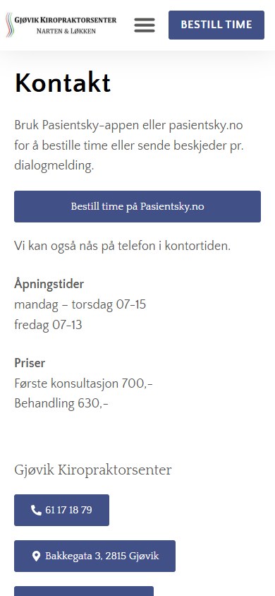 Kontaktsiden til Gjøvik Kiropraktorsenter i mobilformat