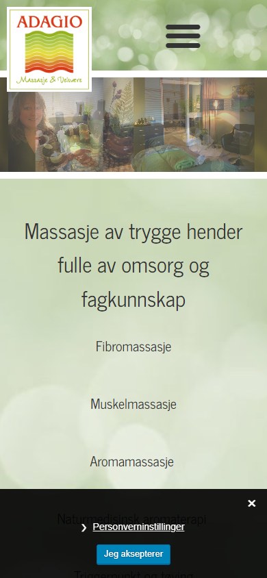 Adagio Massasje og Velvære sin hjemmeside i mobilformat