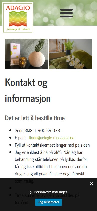 Kontaktsiden til Adagio Massasje og Velvære i mobilformat