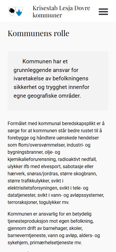 Beredskapssiden til Krisestab Lesja og Dovre i mobilformat