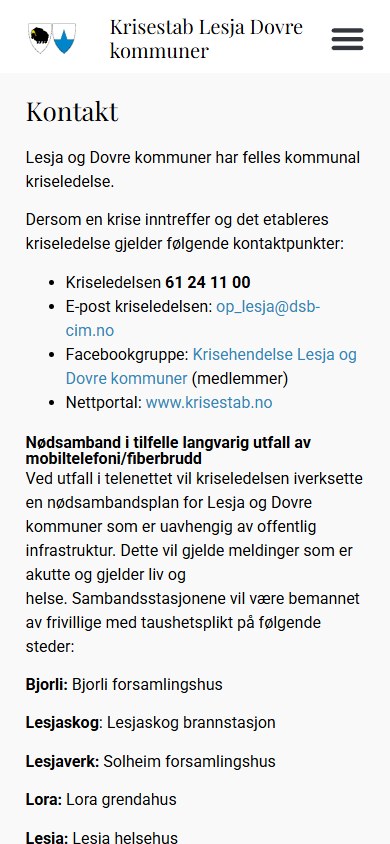 Kontaktsiden til Krisestab Lesja og Dovre i mobilformat
