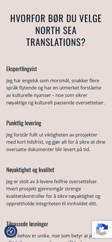 Seksjonen om tjenester hos North Sea Translations i mobilformat