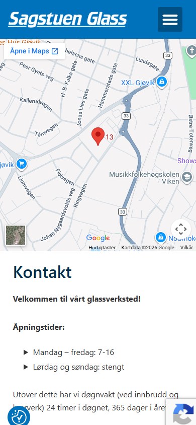 Kontaktsiden til Sagstuen Glass i mobilformat