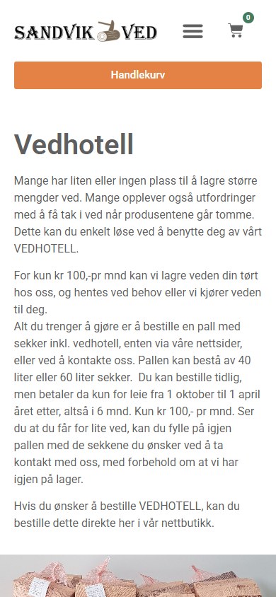 Vedhotell-siden til Sandvik Ved i mobilformat