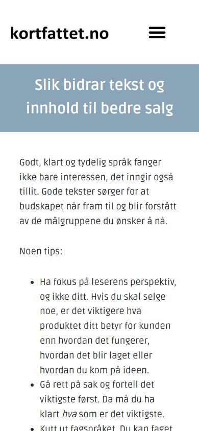 Siden om tekst og innhold hos Kortfattet.no i mobilformat
