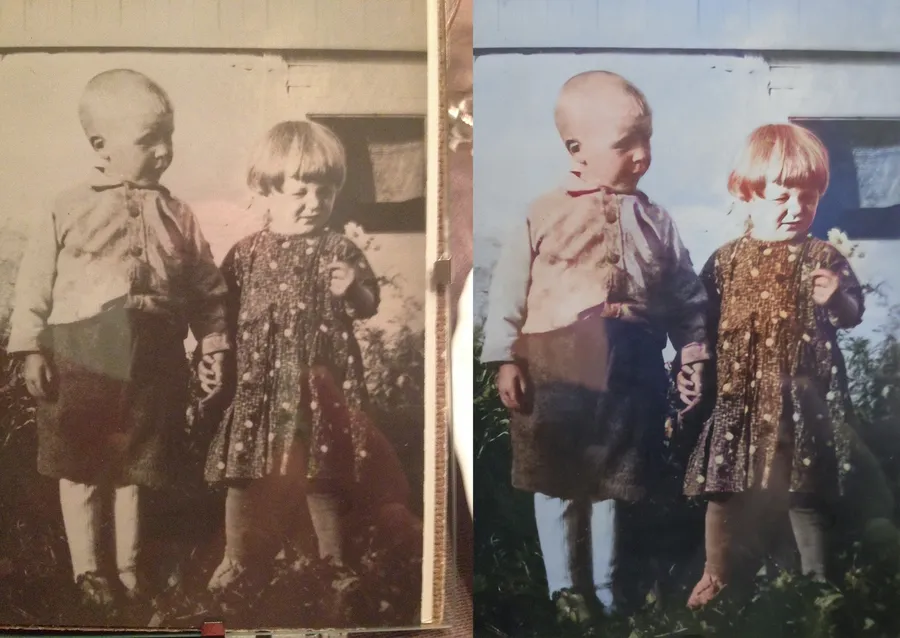 Gammelt portrett før og etter retusj, skader og falmede farger er rettet opp