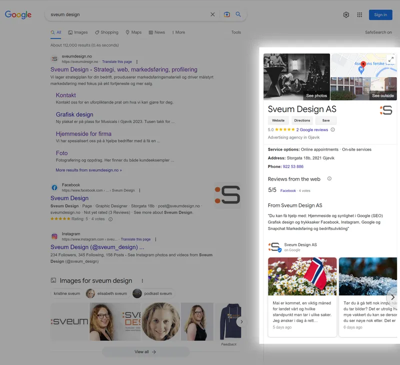 Bedriftsprofil med bilder og åpningstider ved siden av Google-søket