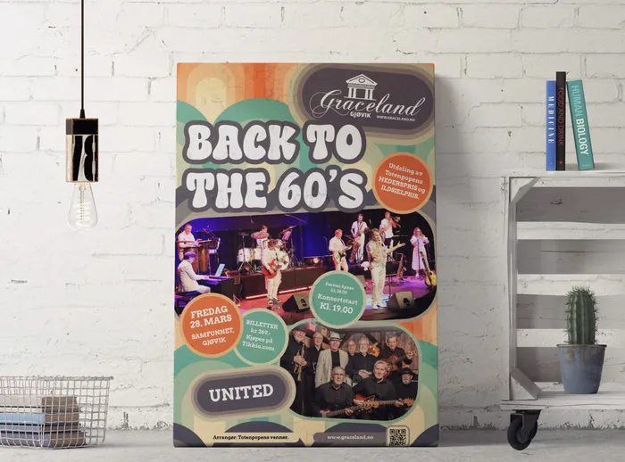 Plakat for Back to the 60s hos Graceland Gjøvik, i retrofarger