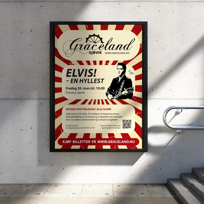 Plakat for Graceland Gjøvik, Elvis-hyllest, i rødt og hvitt