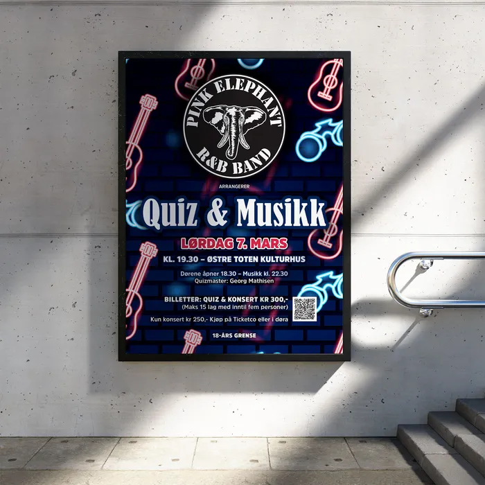 Plakat for Pink Elephant Bar Band, quiz og musikk på Østre Toten kulturhus