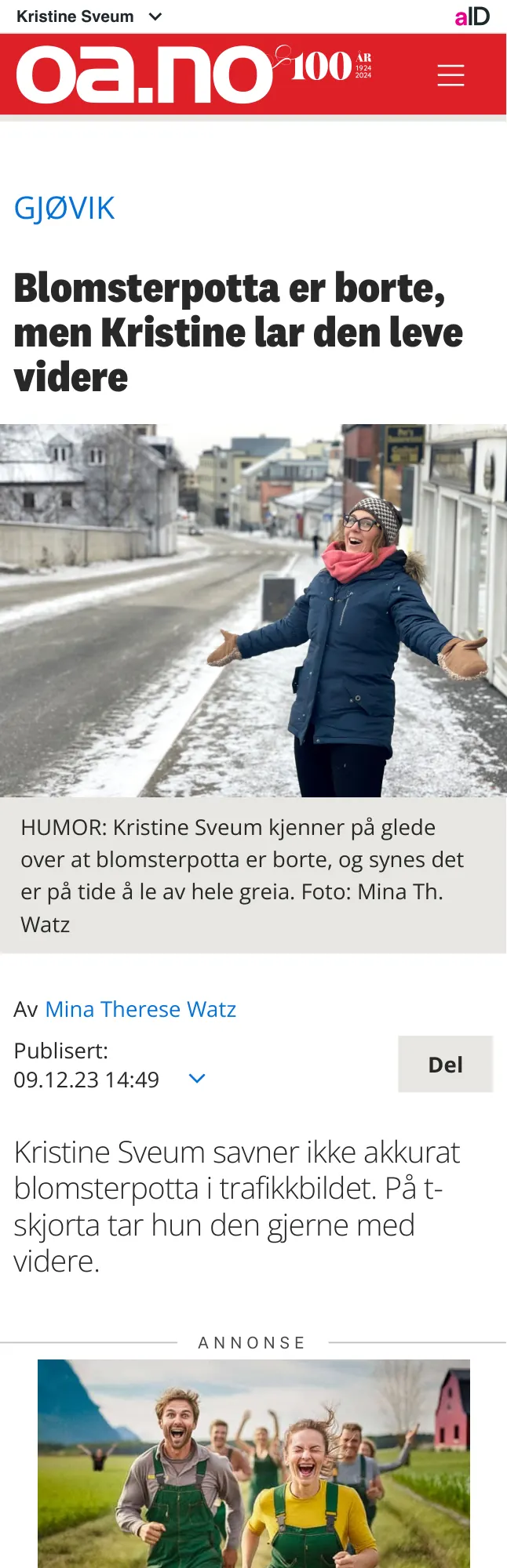 Faksimile av oppslaget i Oppland Arbeiderblad: Artikkel i OA: Blomsterpotta blir t-skjorte